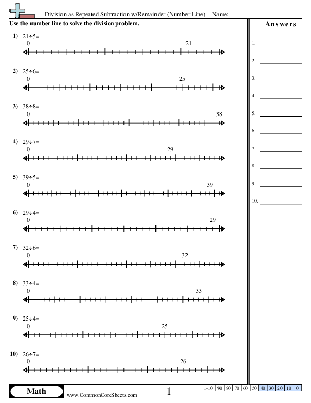 Division as Repeated Subtraction w/Remainder (Number Line) worksheet
